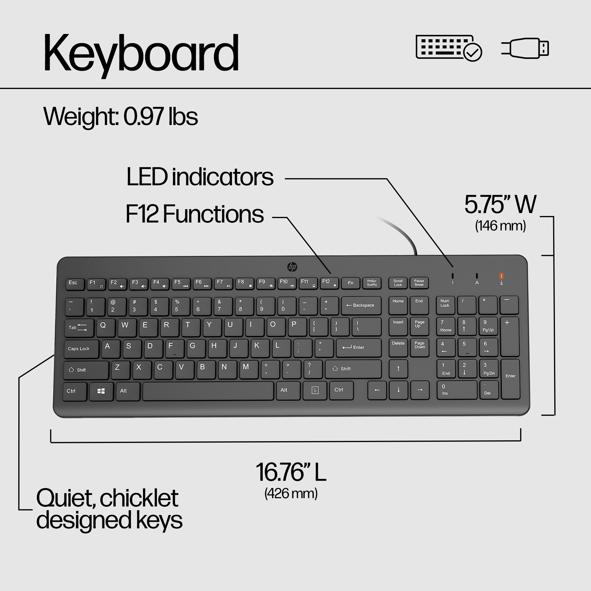 Ein schwarzes HP Keyboard mit Beschriftungen für Maße und Funktionen.