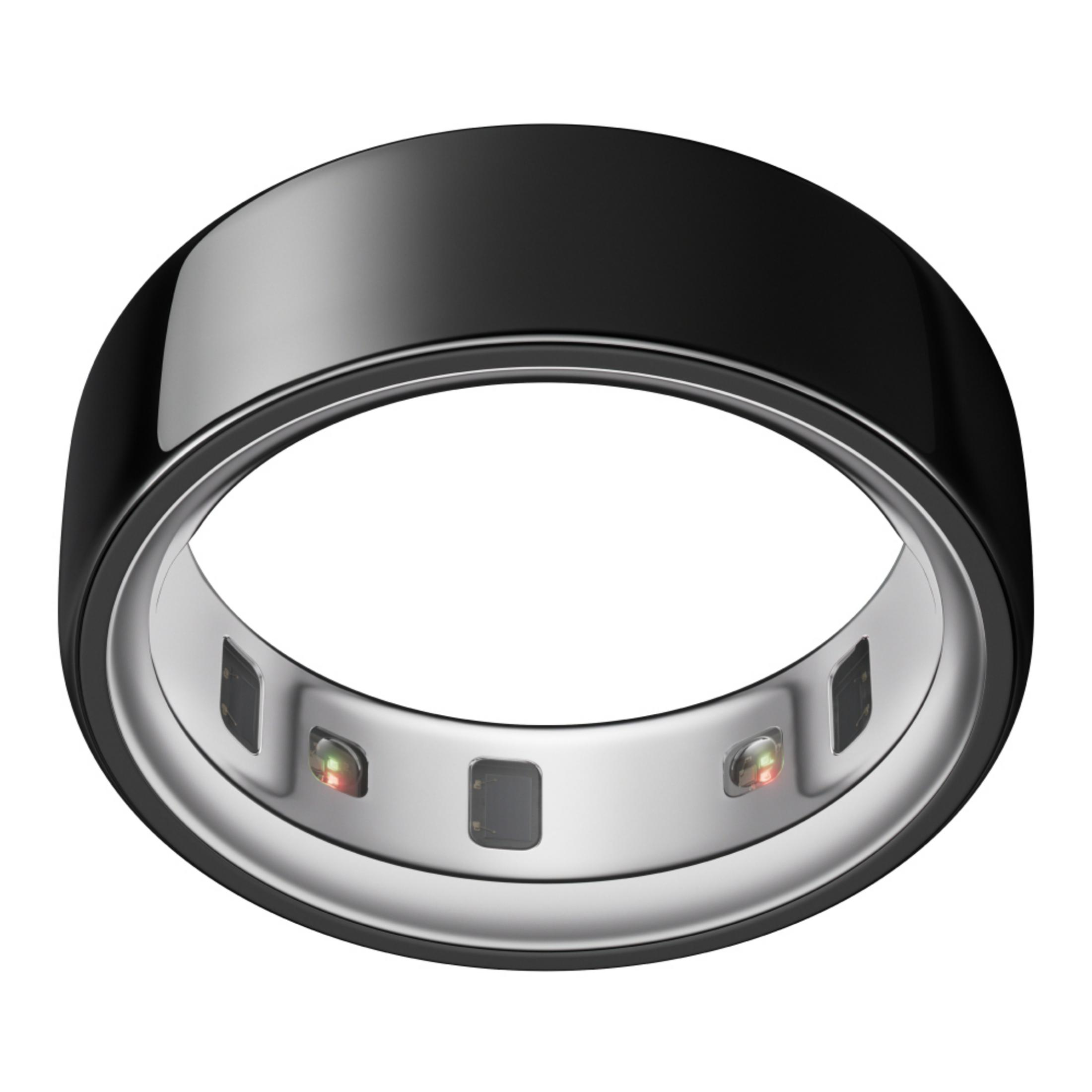 Ein schwarzer smarter Ring mit silberner Innenseite und Lichtern.