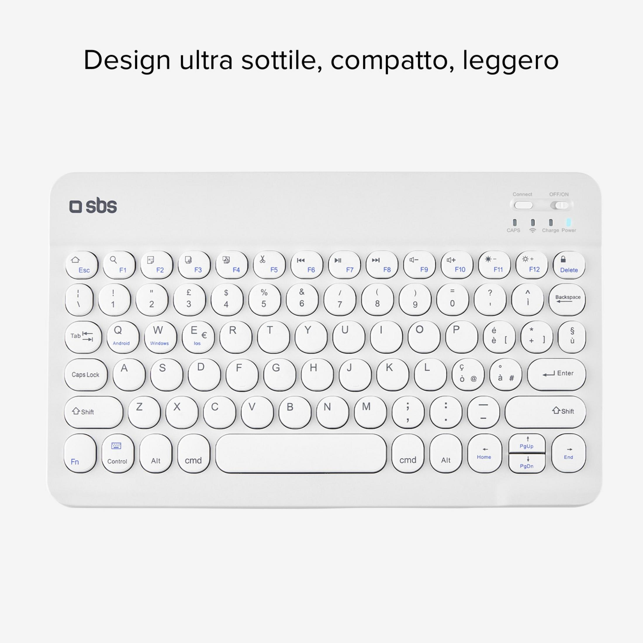 Tastiera bianca con logo SBS, primo piano dei tasti.