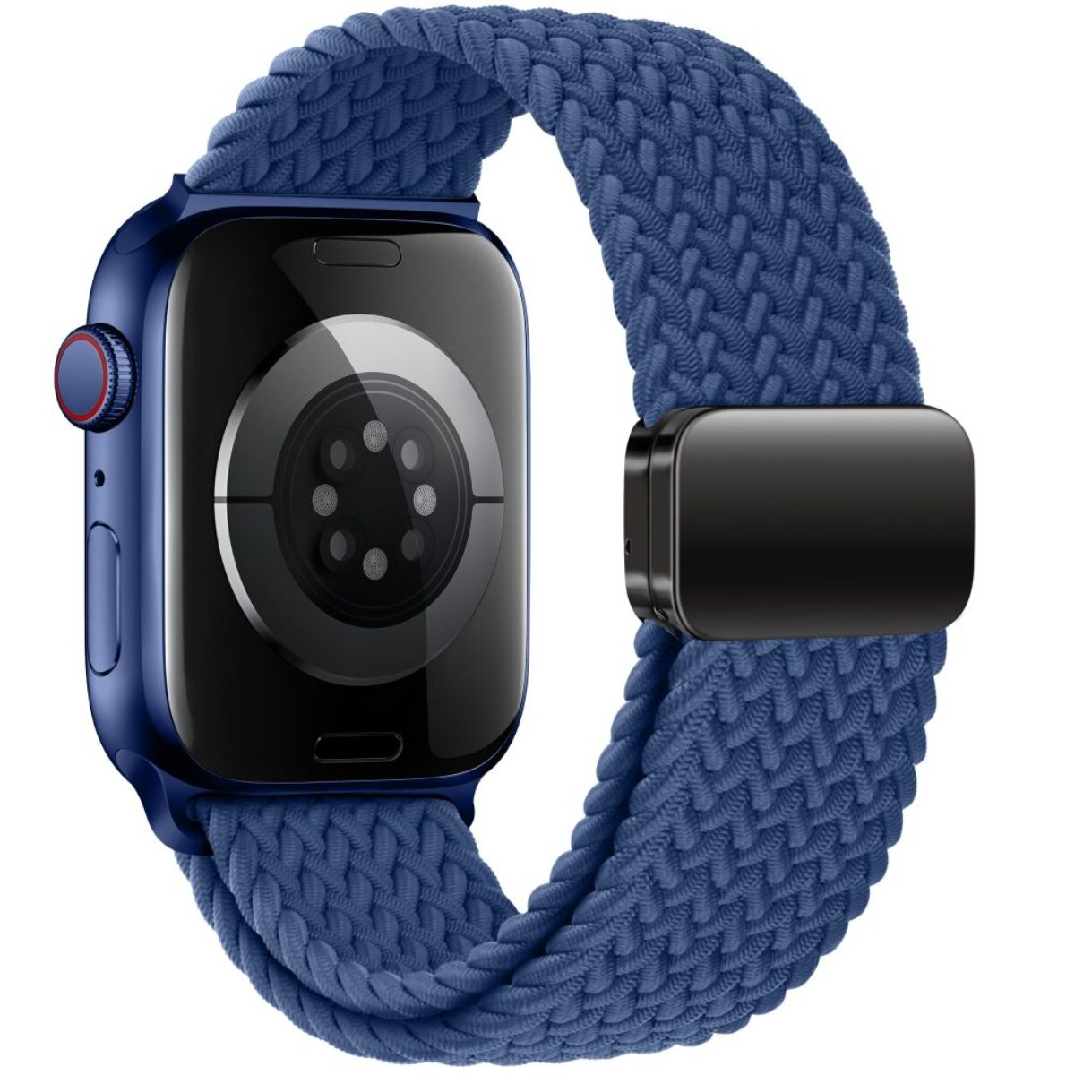 Eine blaue Smartwatch mit blauem Flechtband und schwarzer Schließe. Rückseite sichtbar.