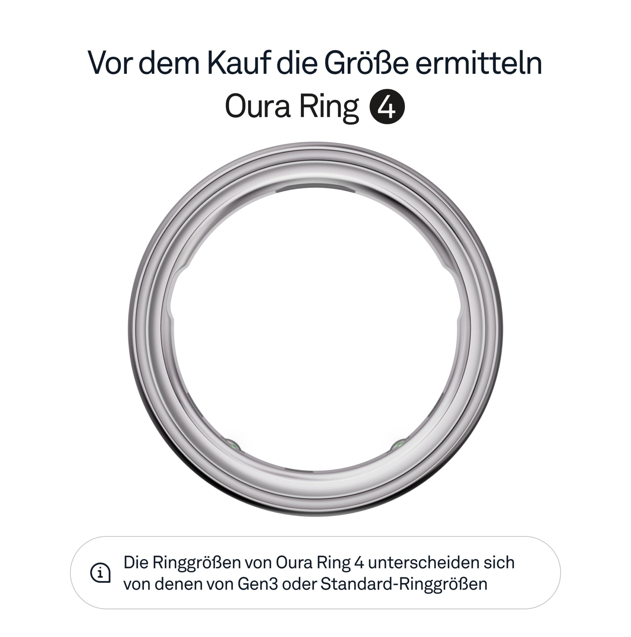 Ein silberner Oura Ring 4 wird gezeigt. Text: Größe vor dem Kauf ermitteln.