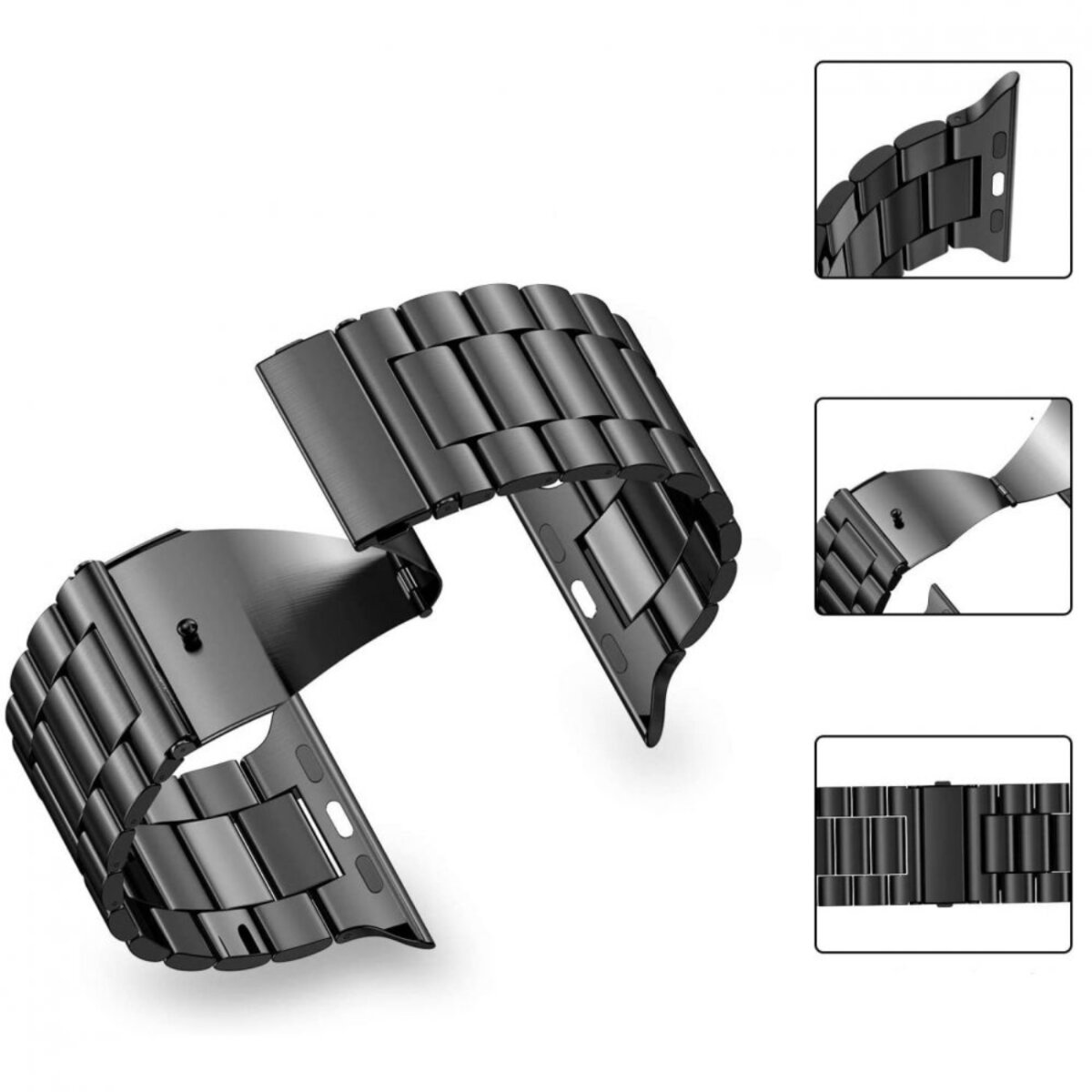 Ein schwarzes Metallarmband für eine Uhr mit detaillierten Ansichten.