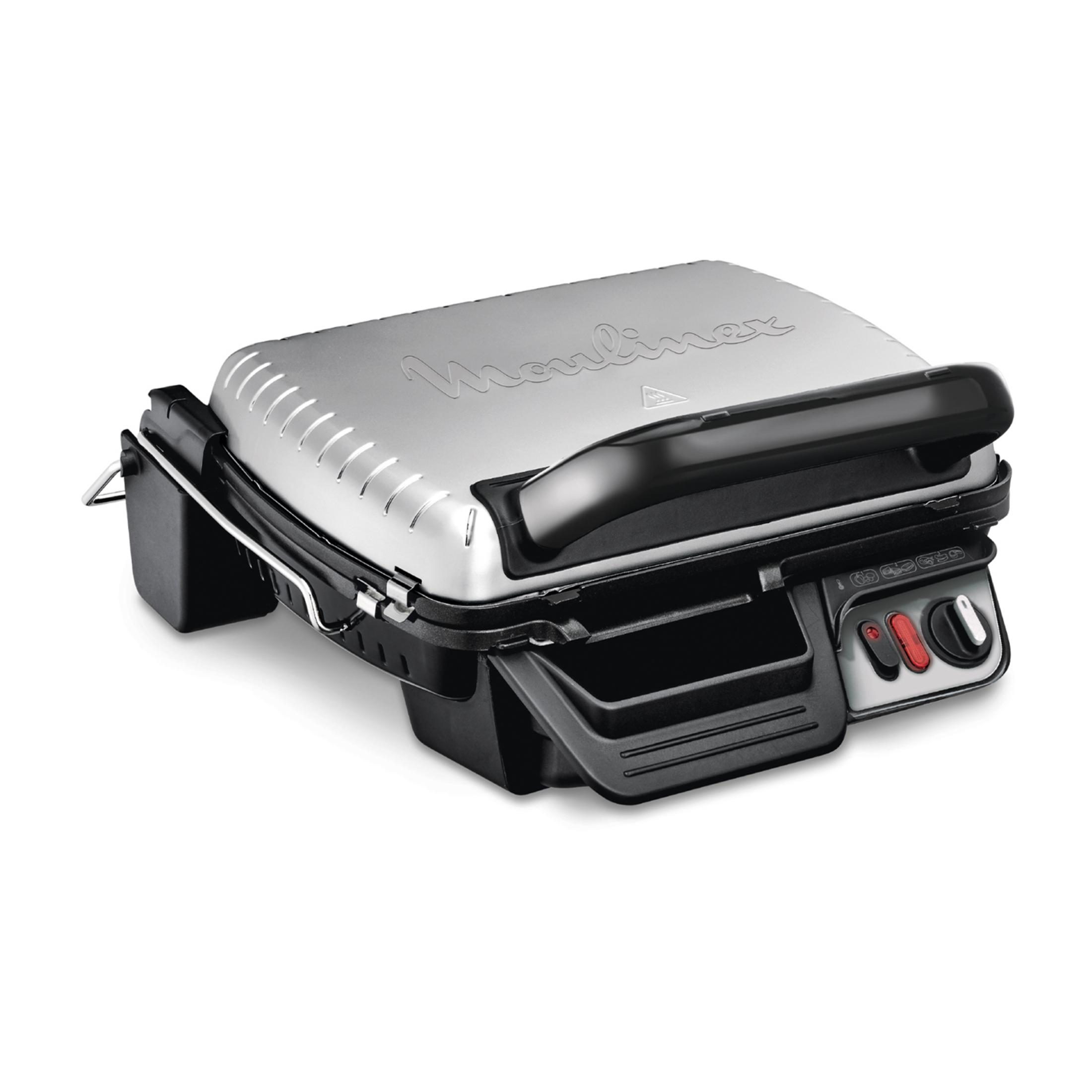 Srebrny grill kontaktowy z czarną rączką i pokrętłami. Pofalowana pokrywa.