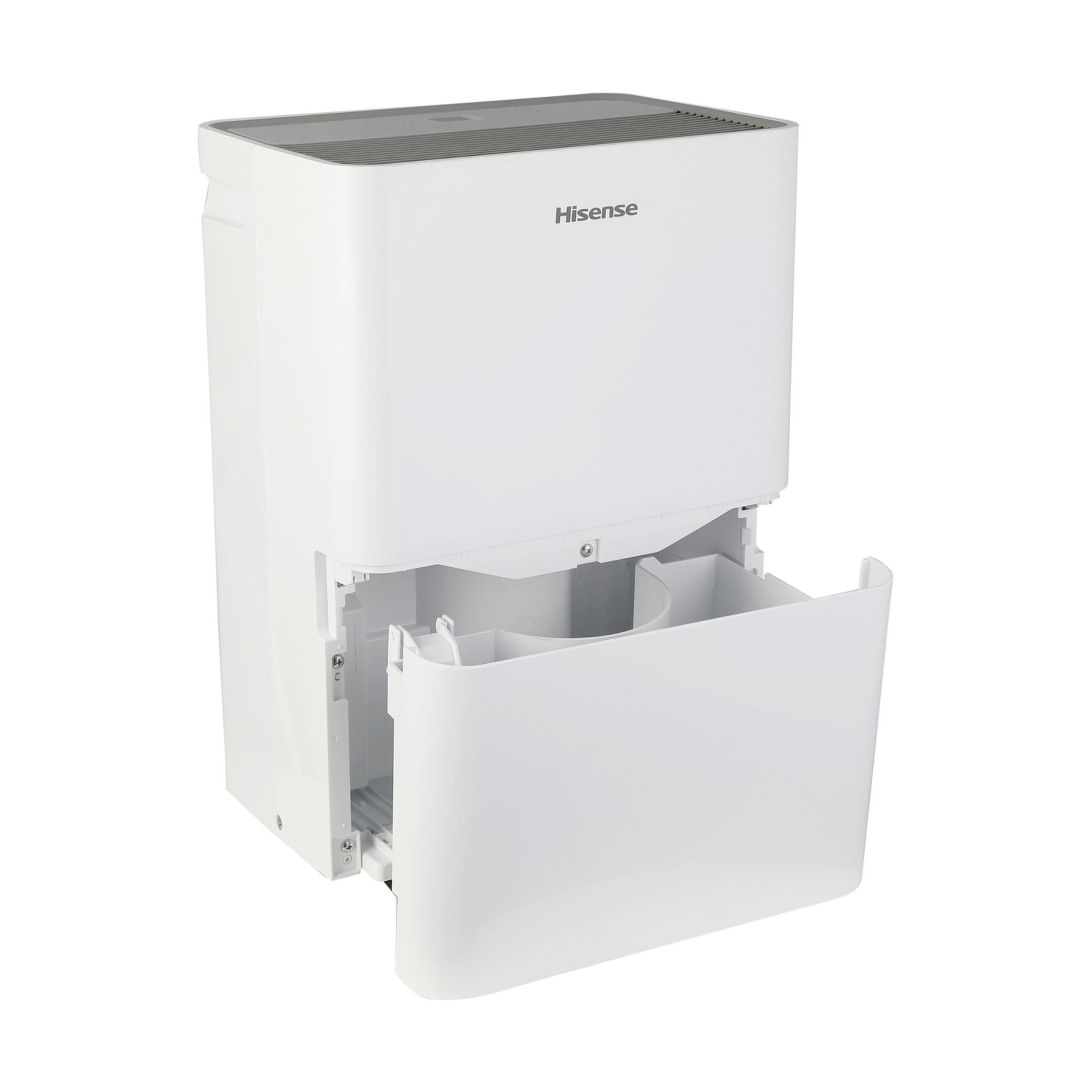 Un deumidificatore Hisense bianco con il cassetto estratto.