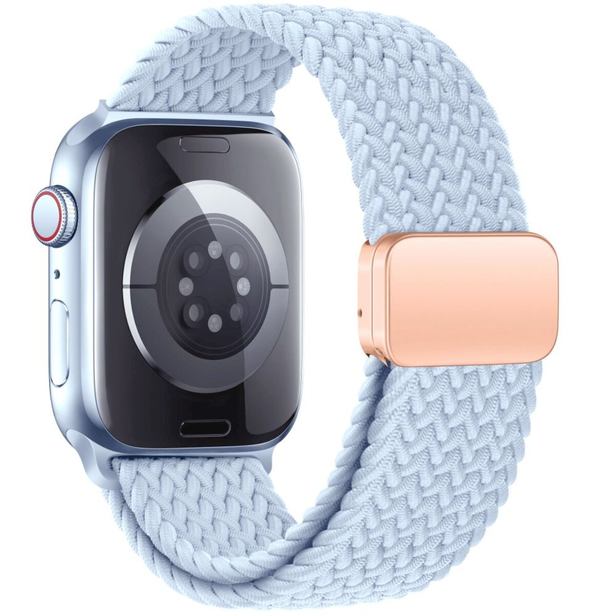 Ein silbernes Smartwatch-Gehäuse mit einem hellblauen geflochtenen Armband und einer roségoldenen Schnalle.