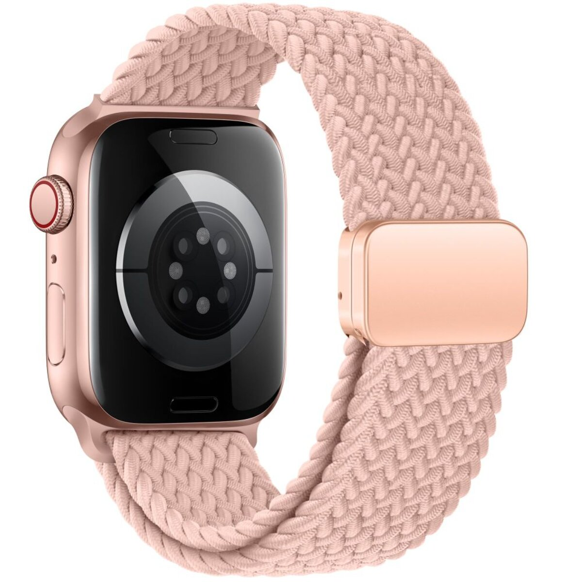 Eine roségoldene Smartwatch mit einem geflochtenen, rosafarbenen Armband.