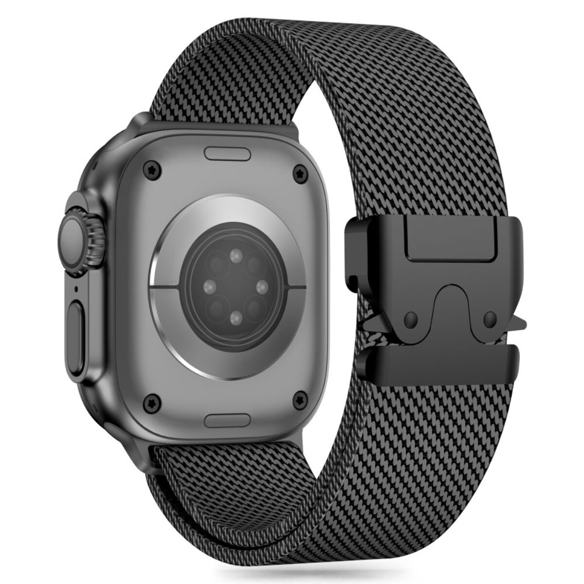 Rückseite einer grauen Smartwatch mit schwarzem Milanaise-Armband und Schnalle.