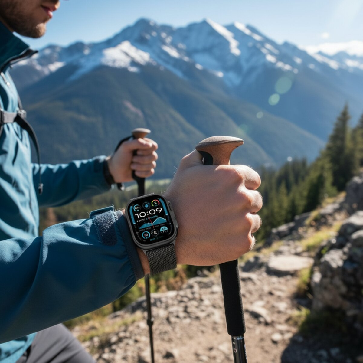 Wanderer mit Stöcken und Smartwatch in Berglandschaft.