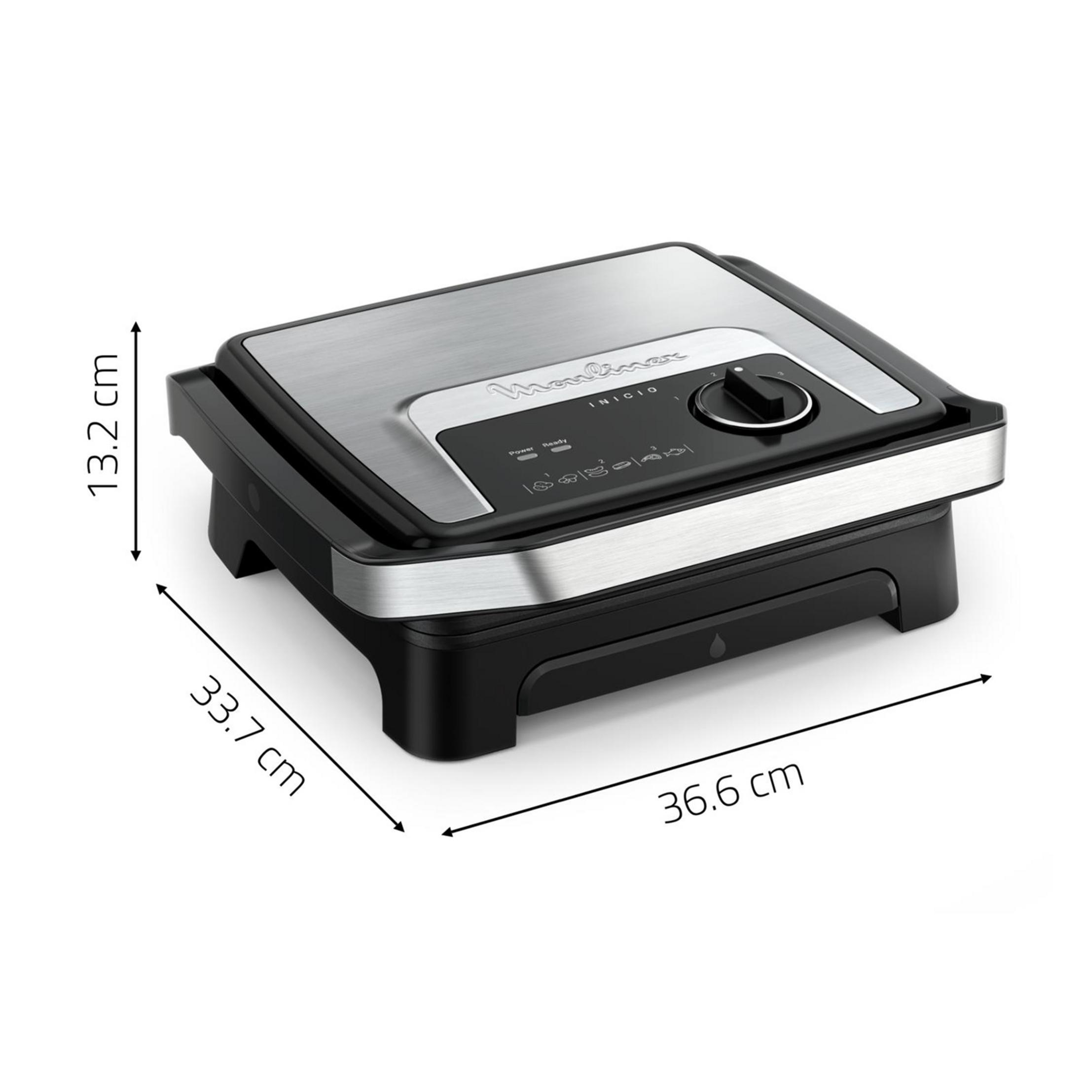 Zamknięty czarno-srebrny grill kontaktowy z wymiarami.