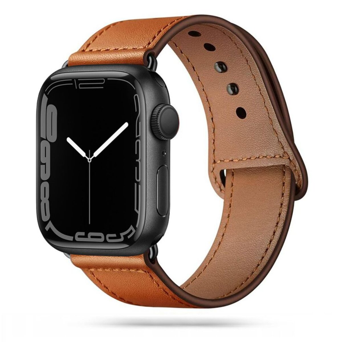 Eine dunkle Smartwatch mit braunem Lederarmband auf weißem Hintergrund.