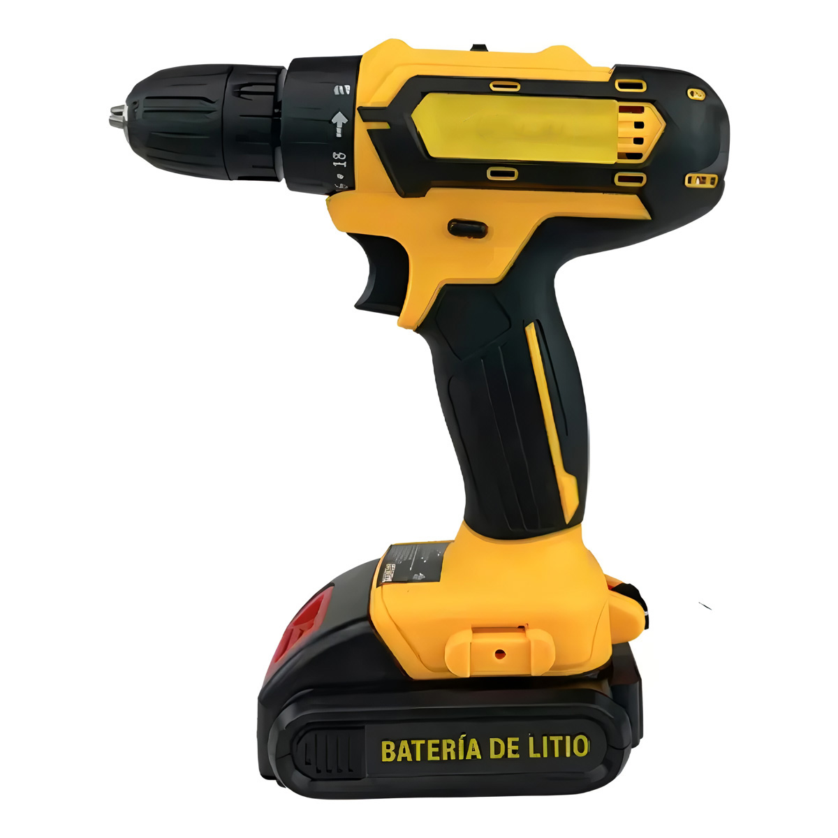 Un taladro inalámbrico amarillo y negro con portabrocas y batería.