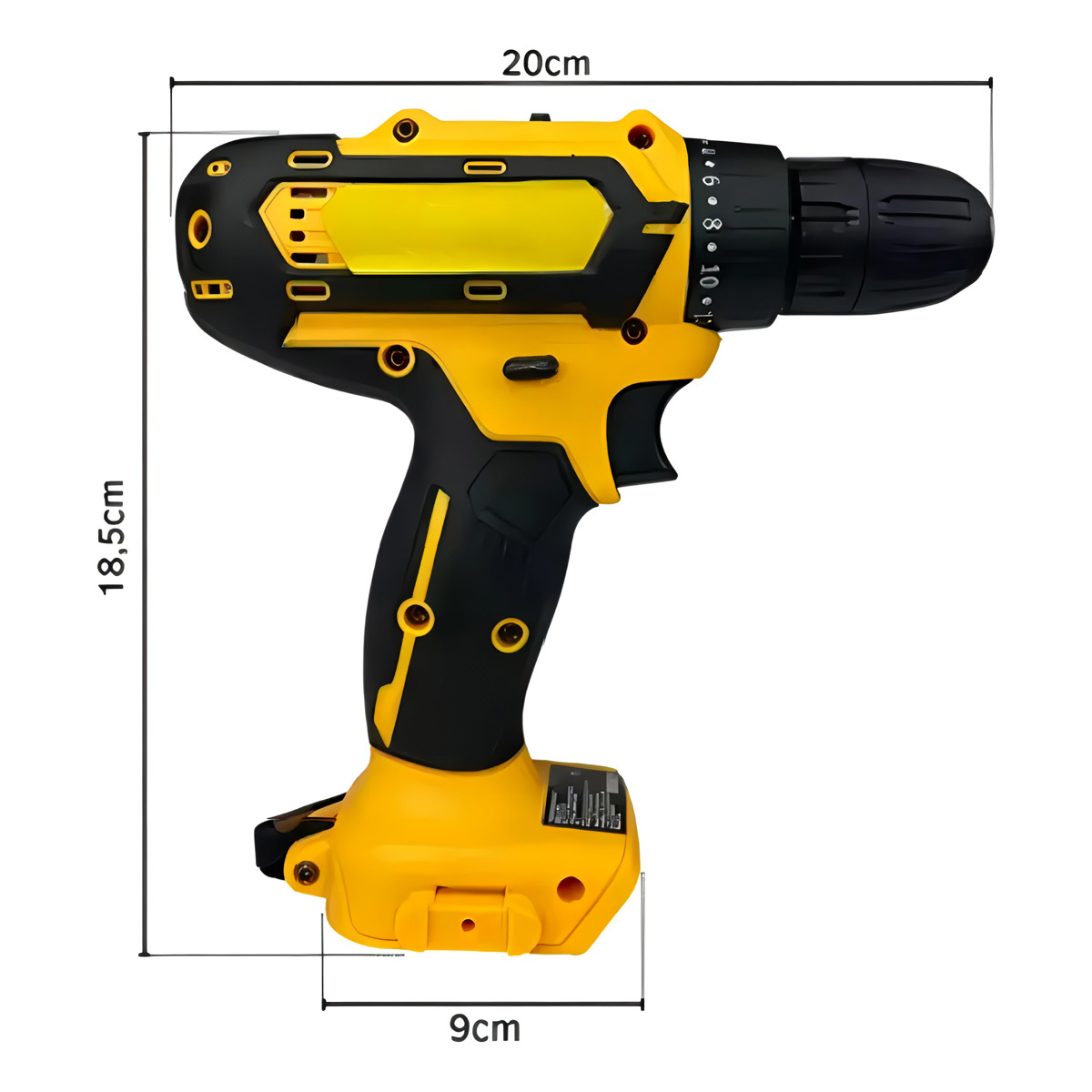 Un taladro atornillador inalámbrico amarillo y negro con marcas de dimensión.