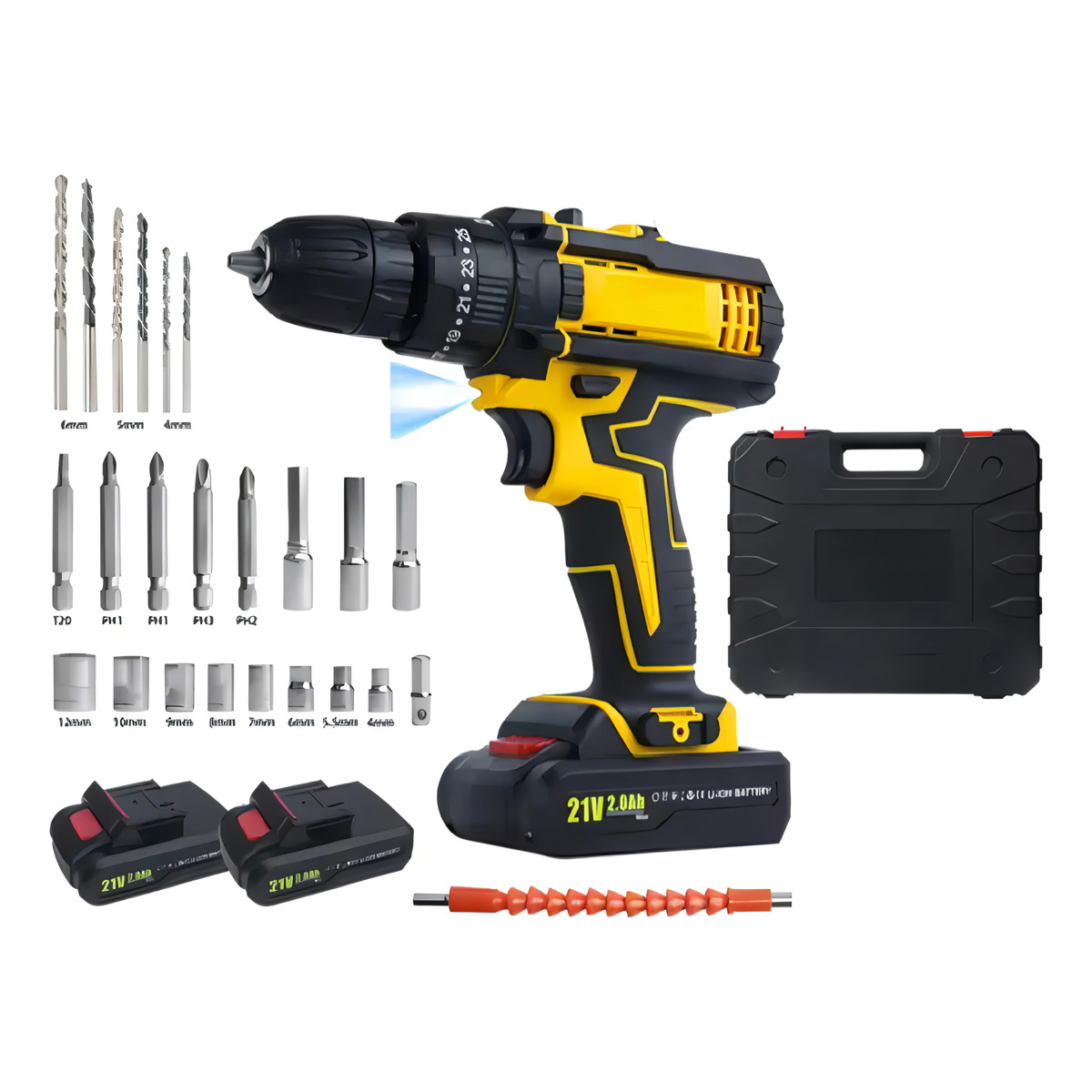 Un taladro inalámbrico amarillo y negro con accesorios, incluyendo puntas, baterías y estuche.