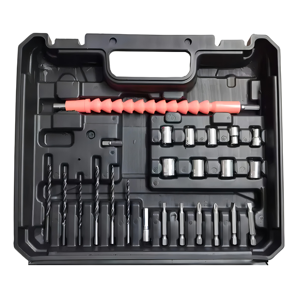 Caja de herramientas negra con brocas, llaves de vaso y una extensión flexible.