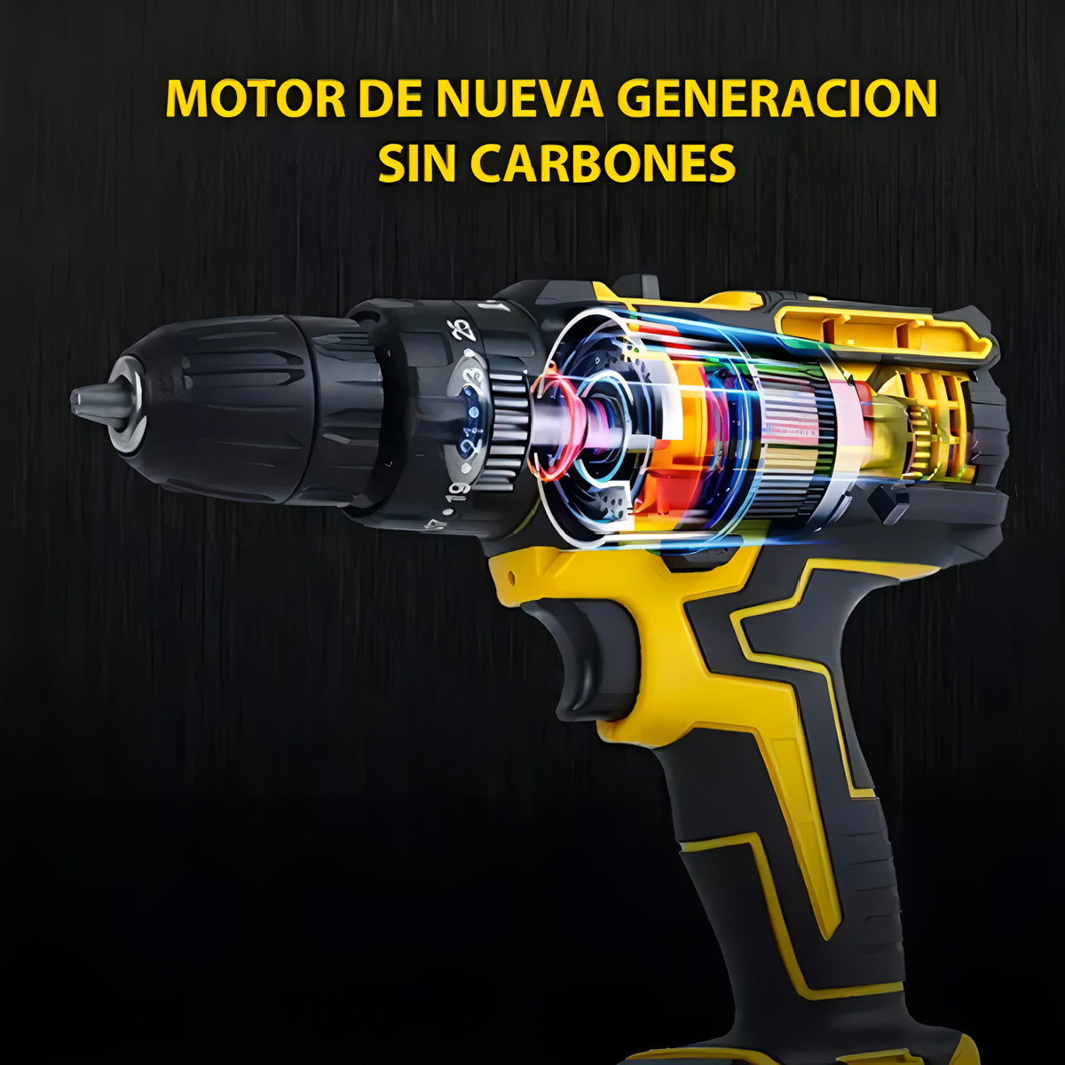 Taladro transparente amarillo y negro con componentes internos del motor.