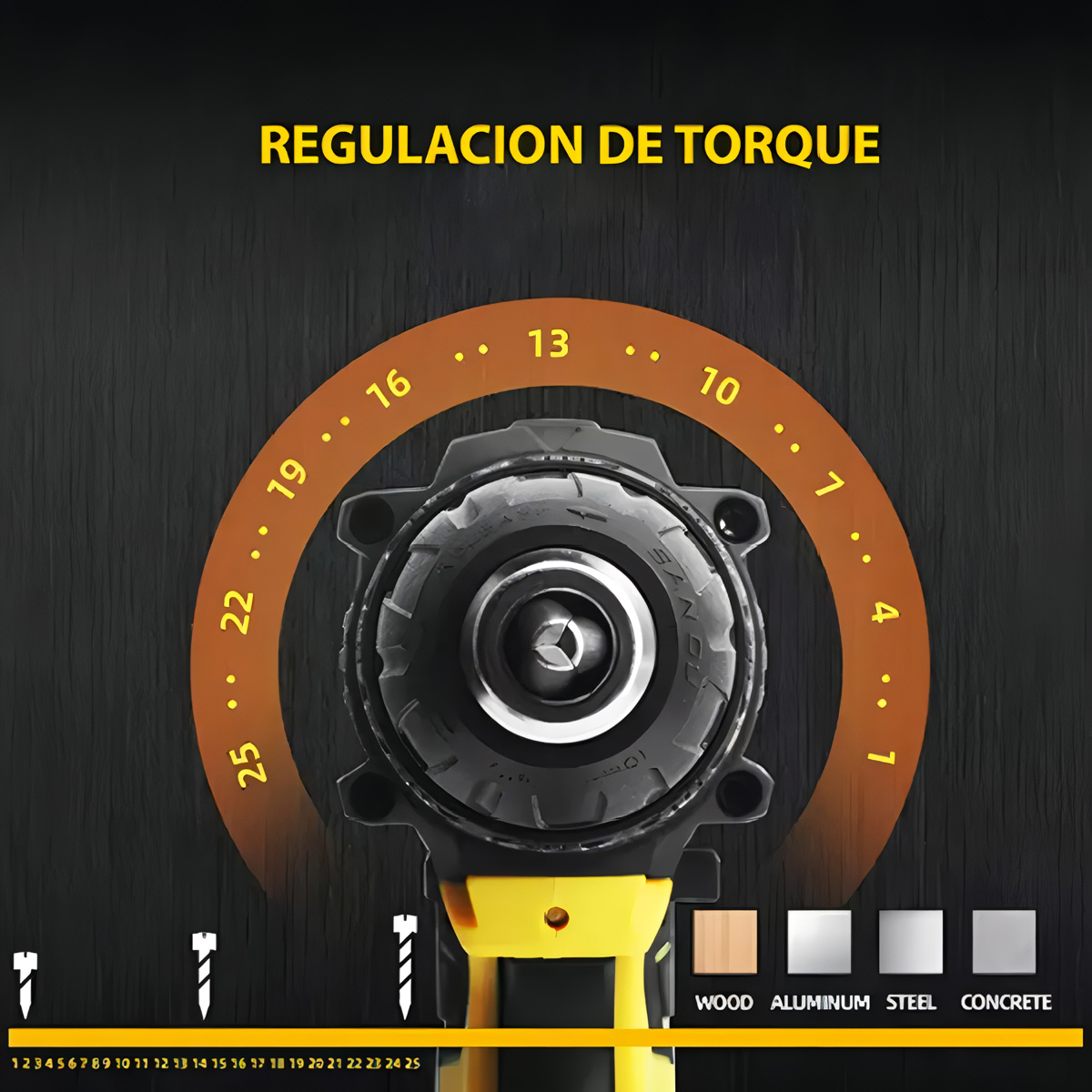 Regulación de torque de taladro con escala 1-25, para madera, aluminio, acero.