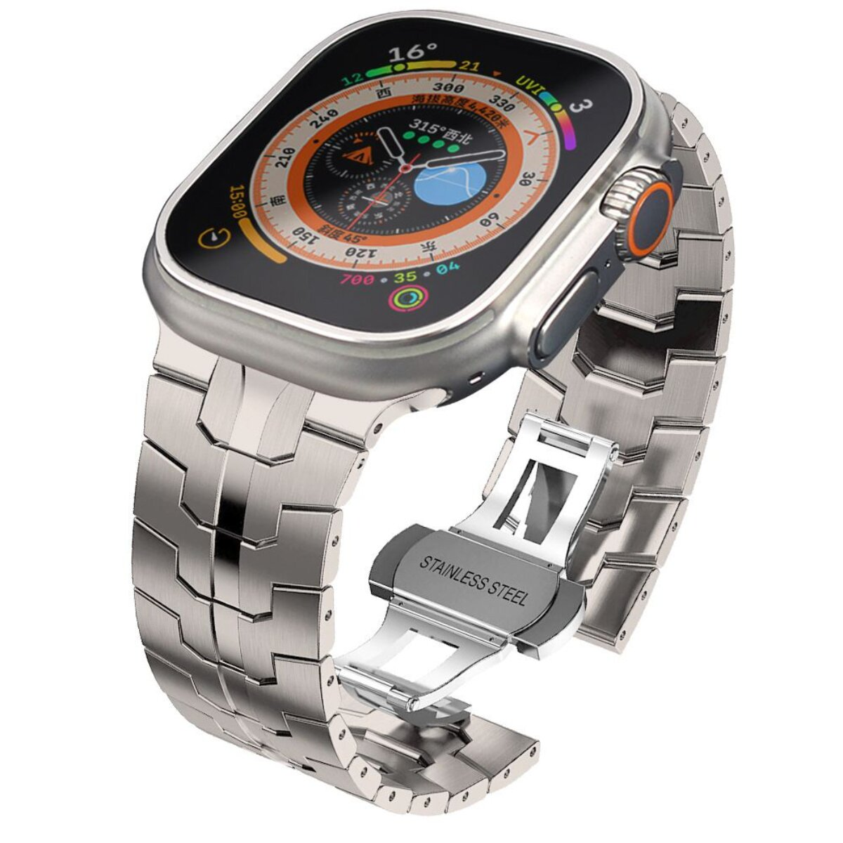 Eine silberne Smartwatch mit einem Metallarmband und einem Display, das Wetterdaten und Navigationsinformationen anzeigt.