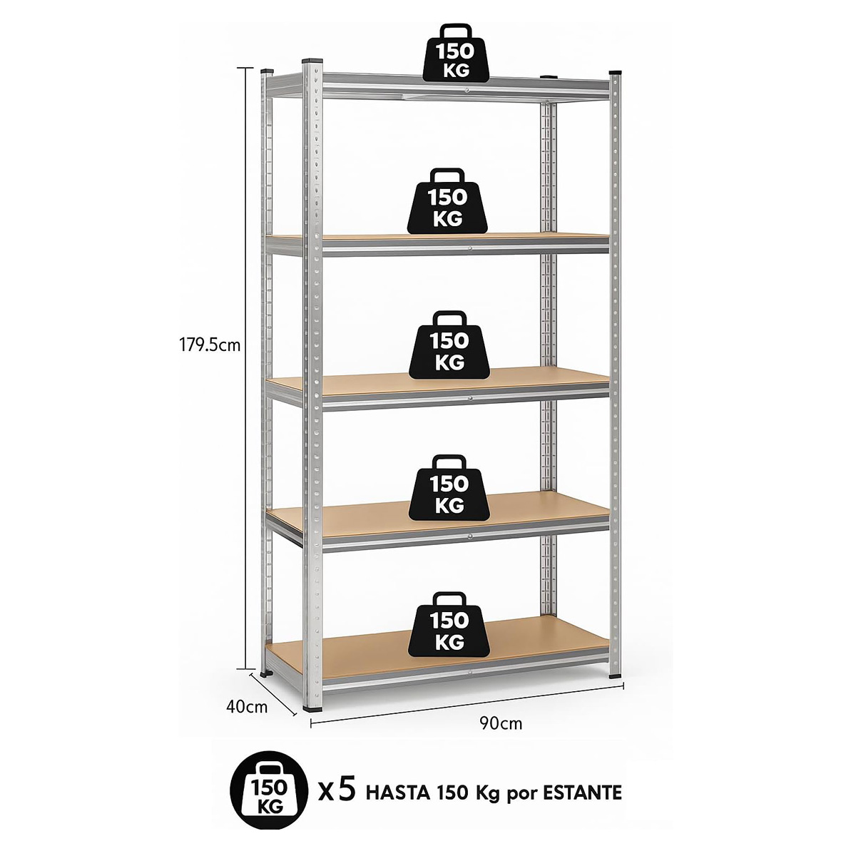 Un estante de metal plateado con cinco baldas de madera. Cada balda soporta 150 kg.