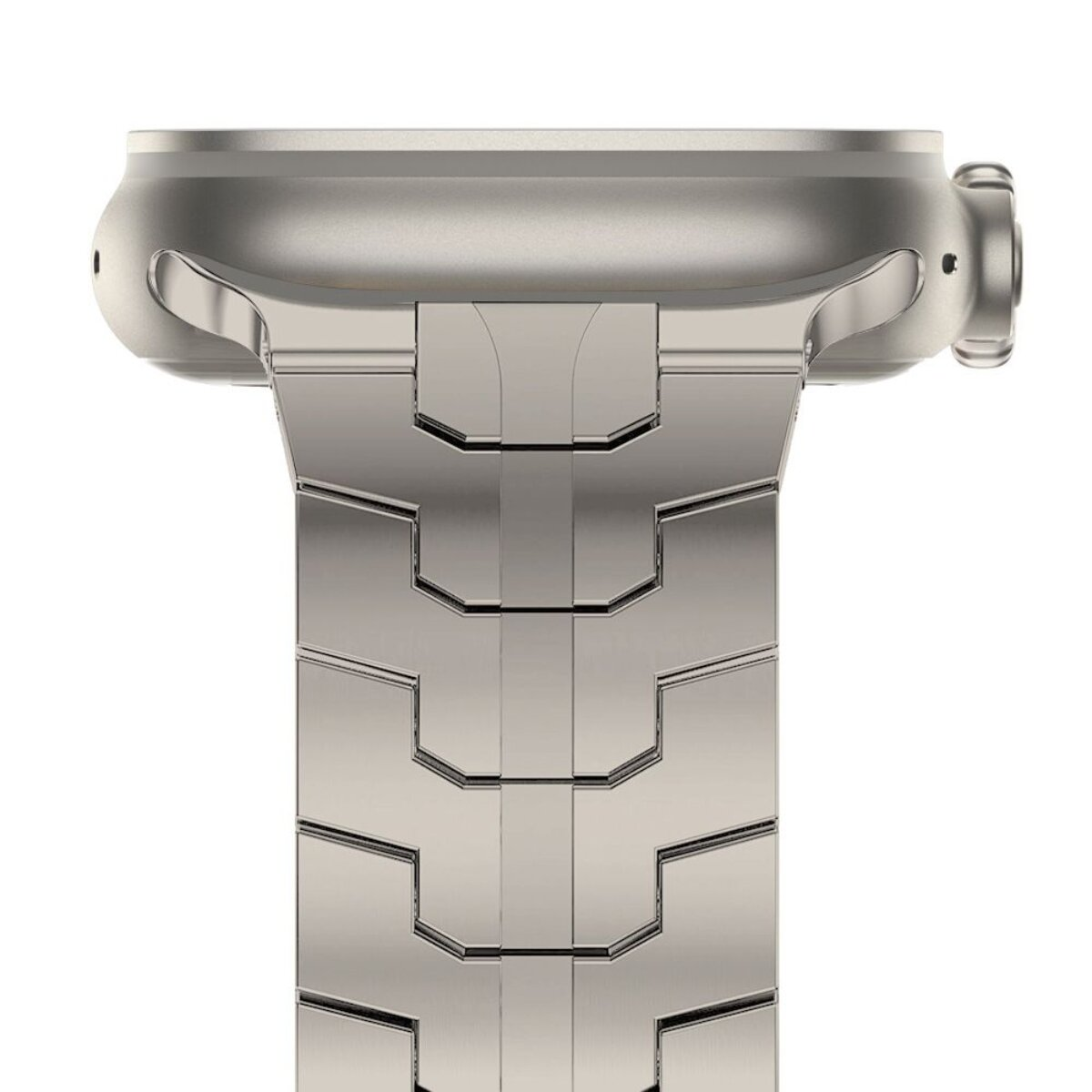 Nahaufnahme einer silbernen Smartwatch mit einem Gliederarmband im Detail.