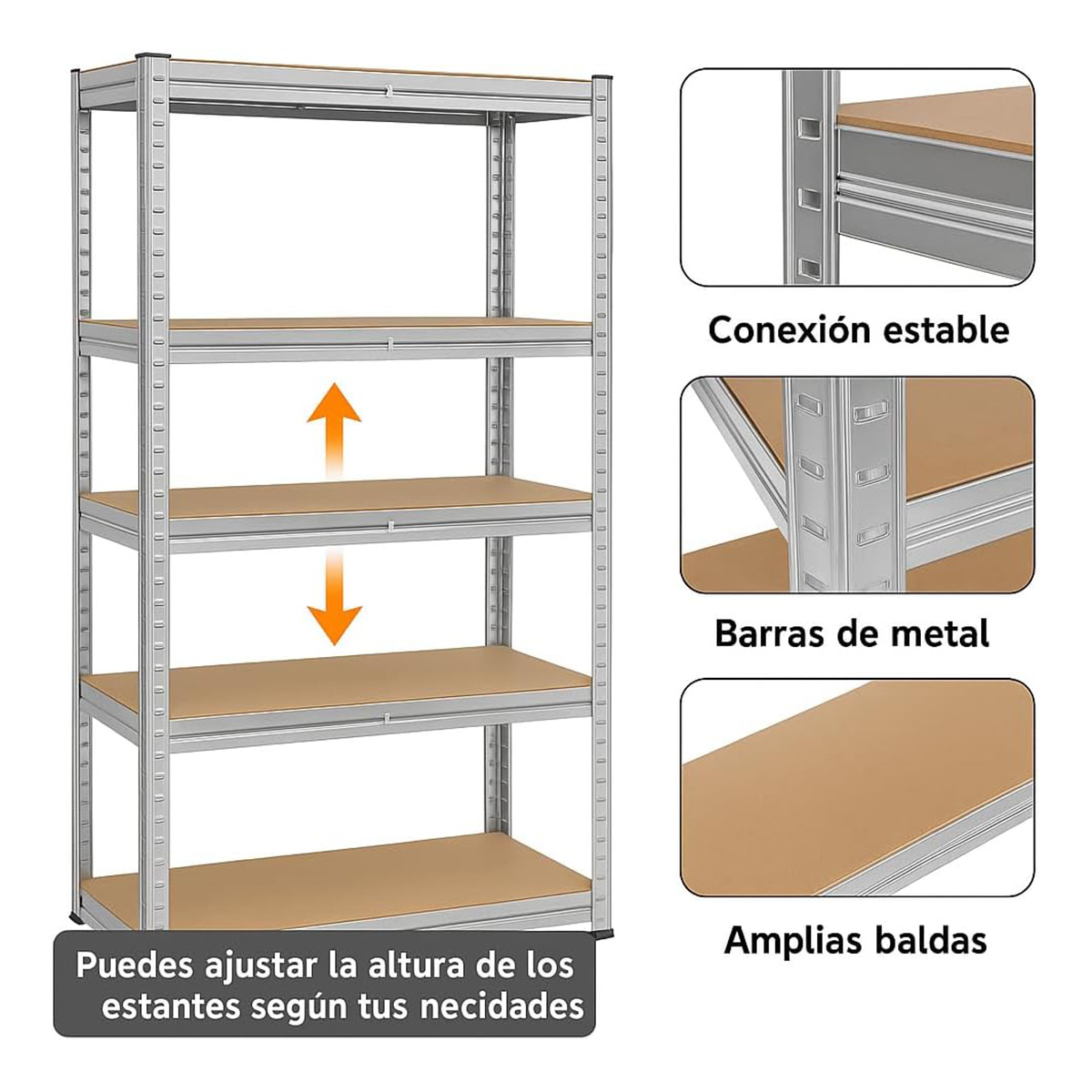 Un estante plateado de cinco baldas de madera. Altura ajustable. Primeros planos muestran conexiones.