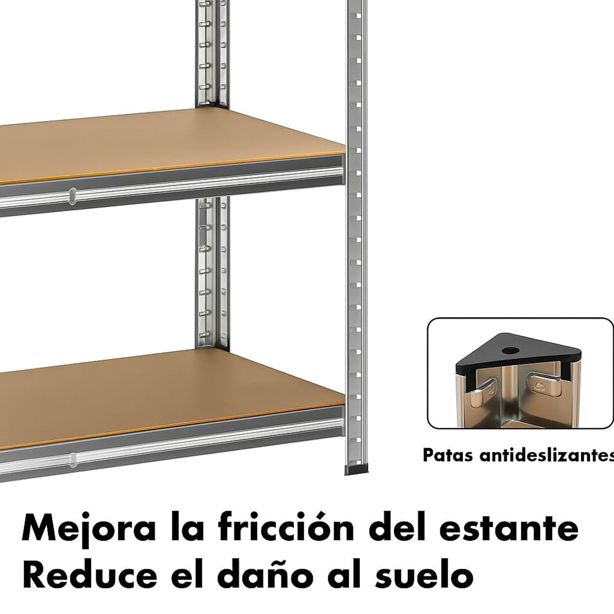 Estantería con baldas marrones y marco metálico. Primer plano de un pie angular.