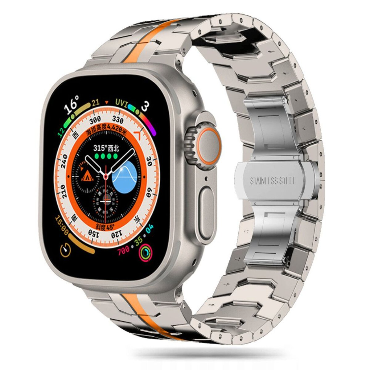 Silberne Smartwatch mit orangefarbenem Streifen auf dem Armband und komplexem Zifferblatt.