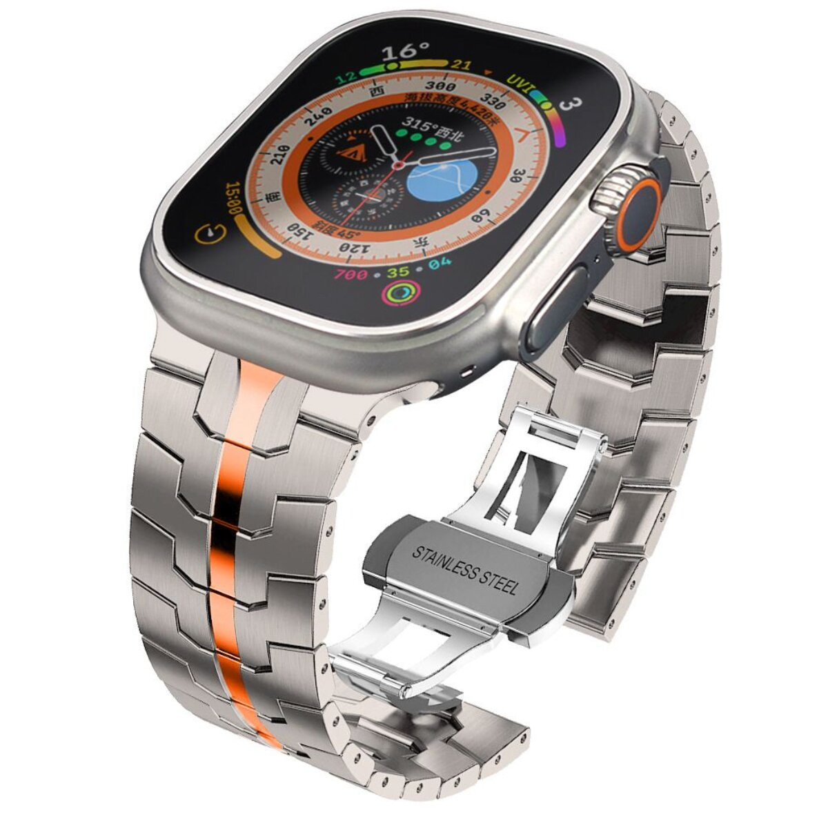 Silberne Smartwatch mit orangefarbenem Streifen und Edelstahlarmband. Das Zifferblatt zeigt Daten.