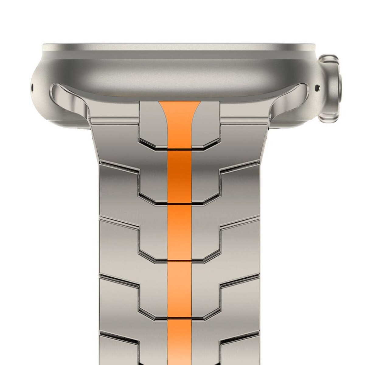 Detailansicht einer silbernen Smartwatch mit orangefarbenem Streifen am Armband.