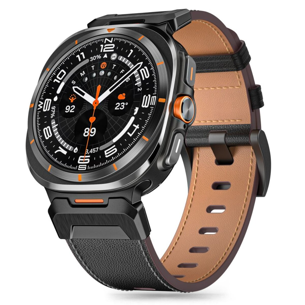 Eine schwarze Smartwatch mit braunem Lederarmband, digitaler Anzeige.