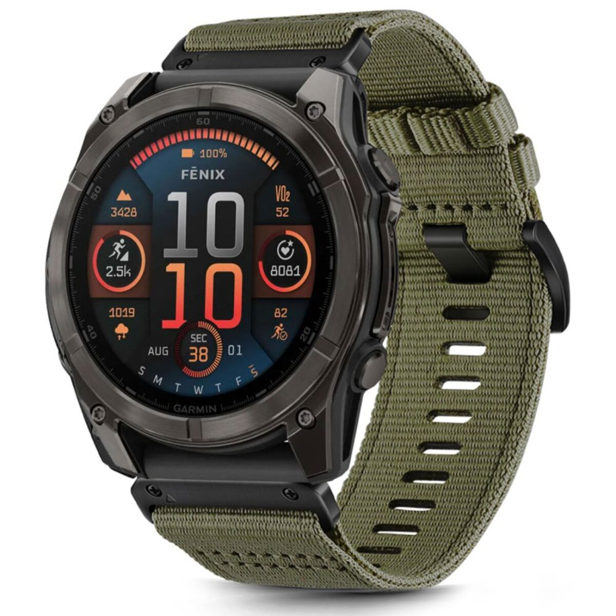 Eine grüne taktische Smartwatch mit dunklem Metallgehäuse und digitalem Display.