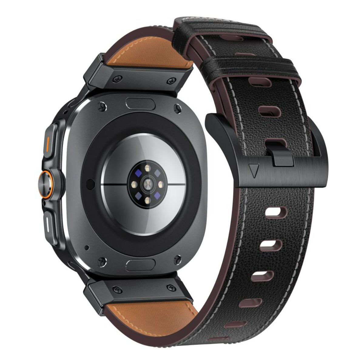 Rückseite einer Smartwatch mit schwarzem Lederarmband und Herzfrequenzsensor.