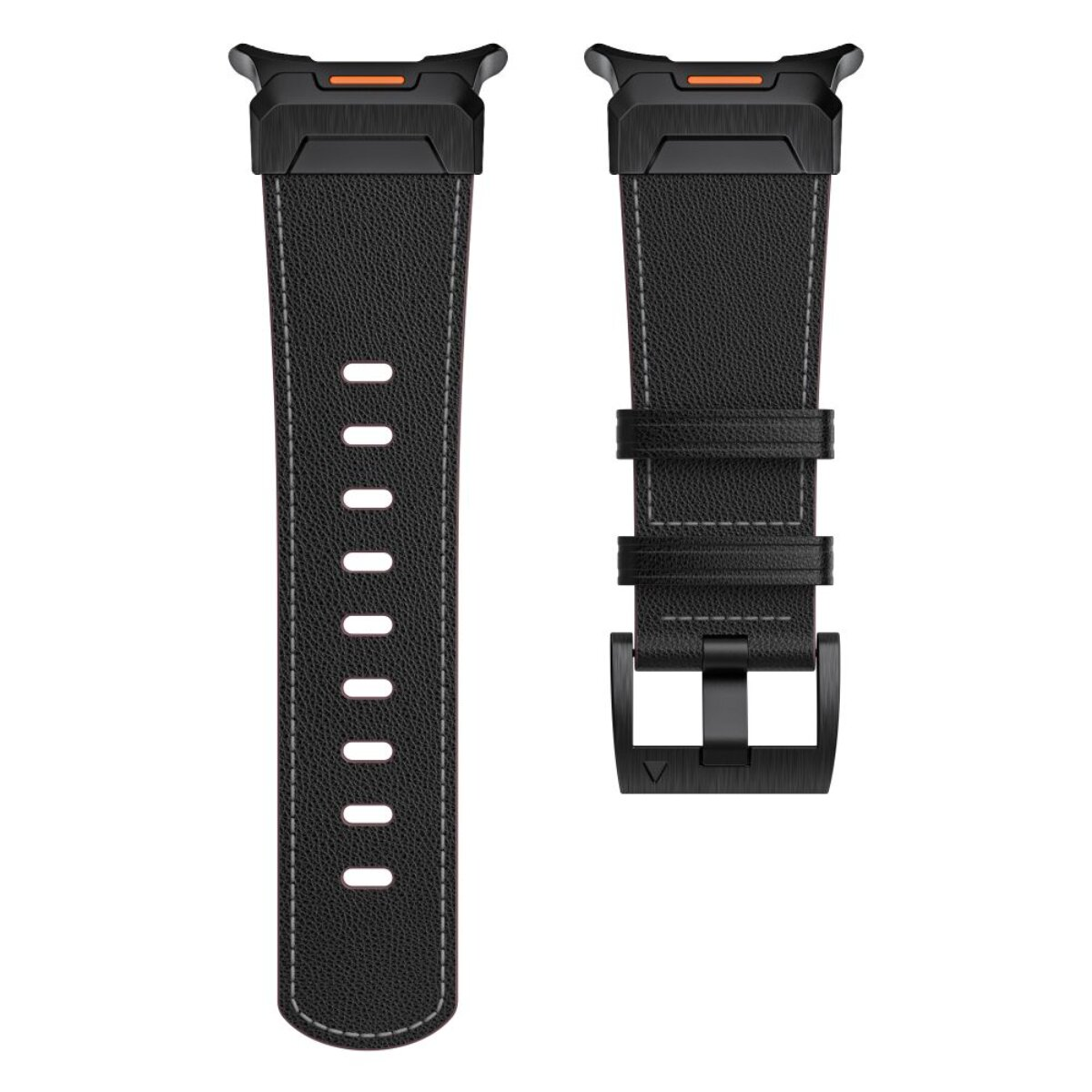 Schwarzes Lederarmband mit orangefarbenen Akzenten und Metallschnalle.