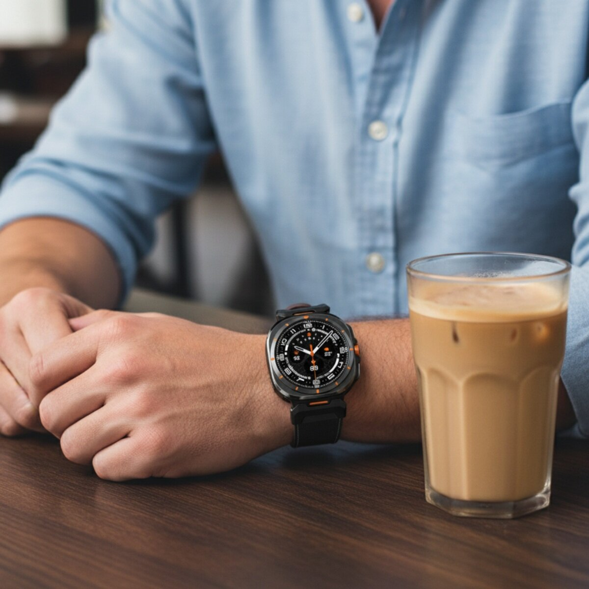 Mann mit Uhr und Kaffee auf Holztisch
