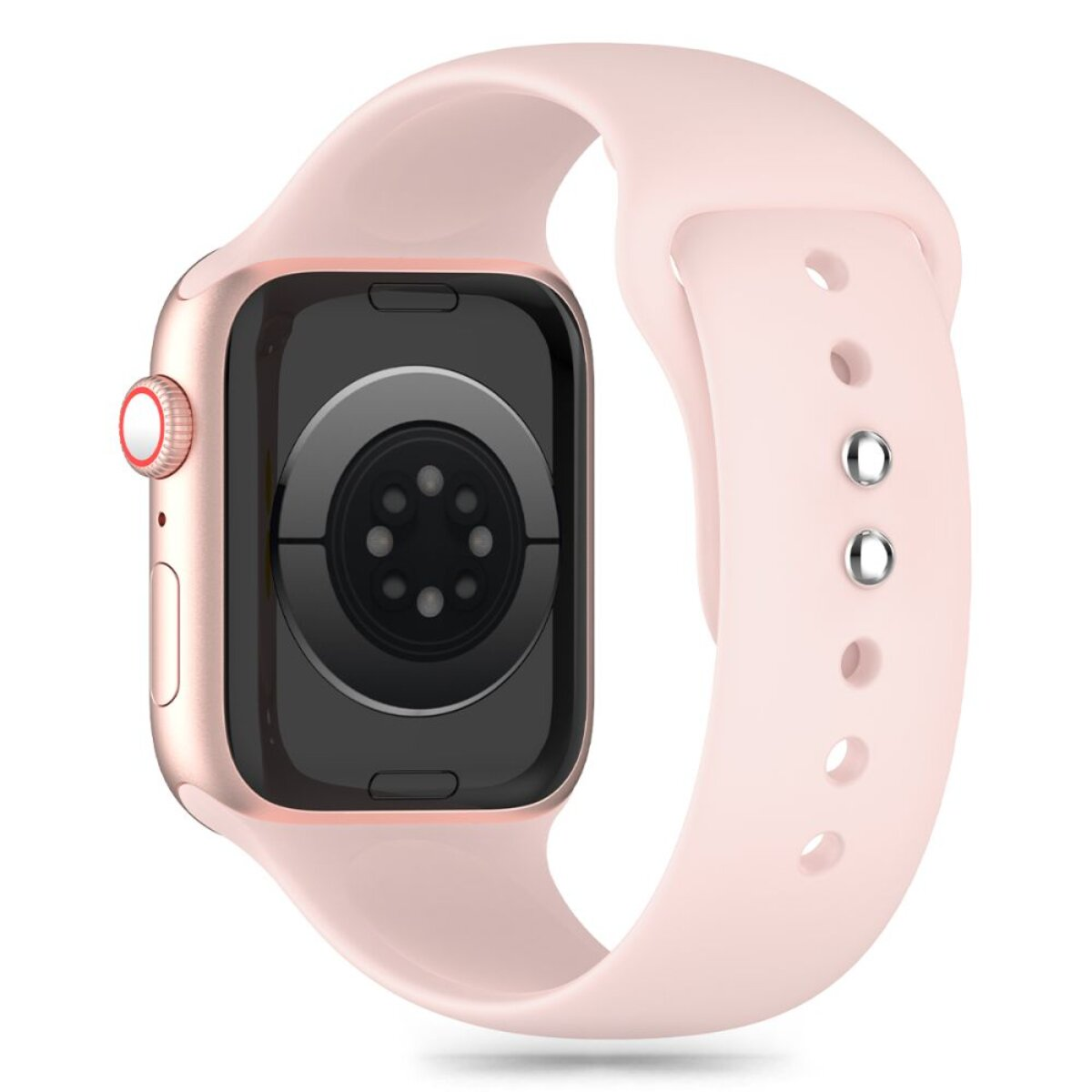 Ein roségoldenes Smartwatch-Gehäuse mit einem rosafarbenen Armband und schwarzem Sensor.
