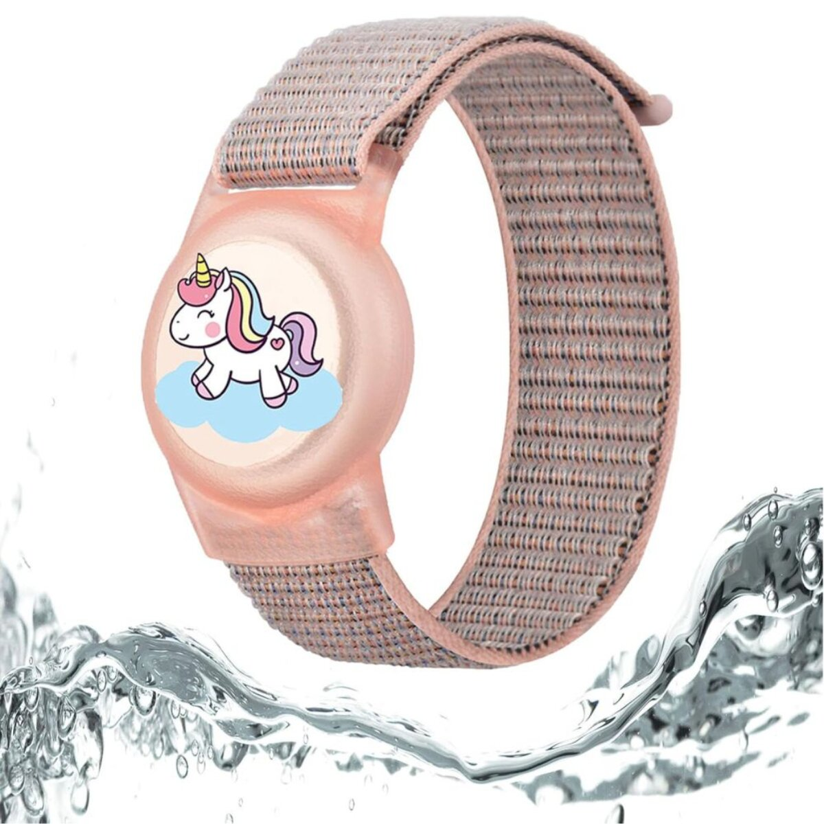 Ein rosafarbenes Armband mit einem Einhorn auf einer Wolke, umgeben von Wasser.
