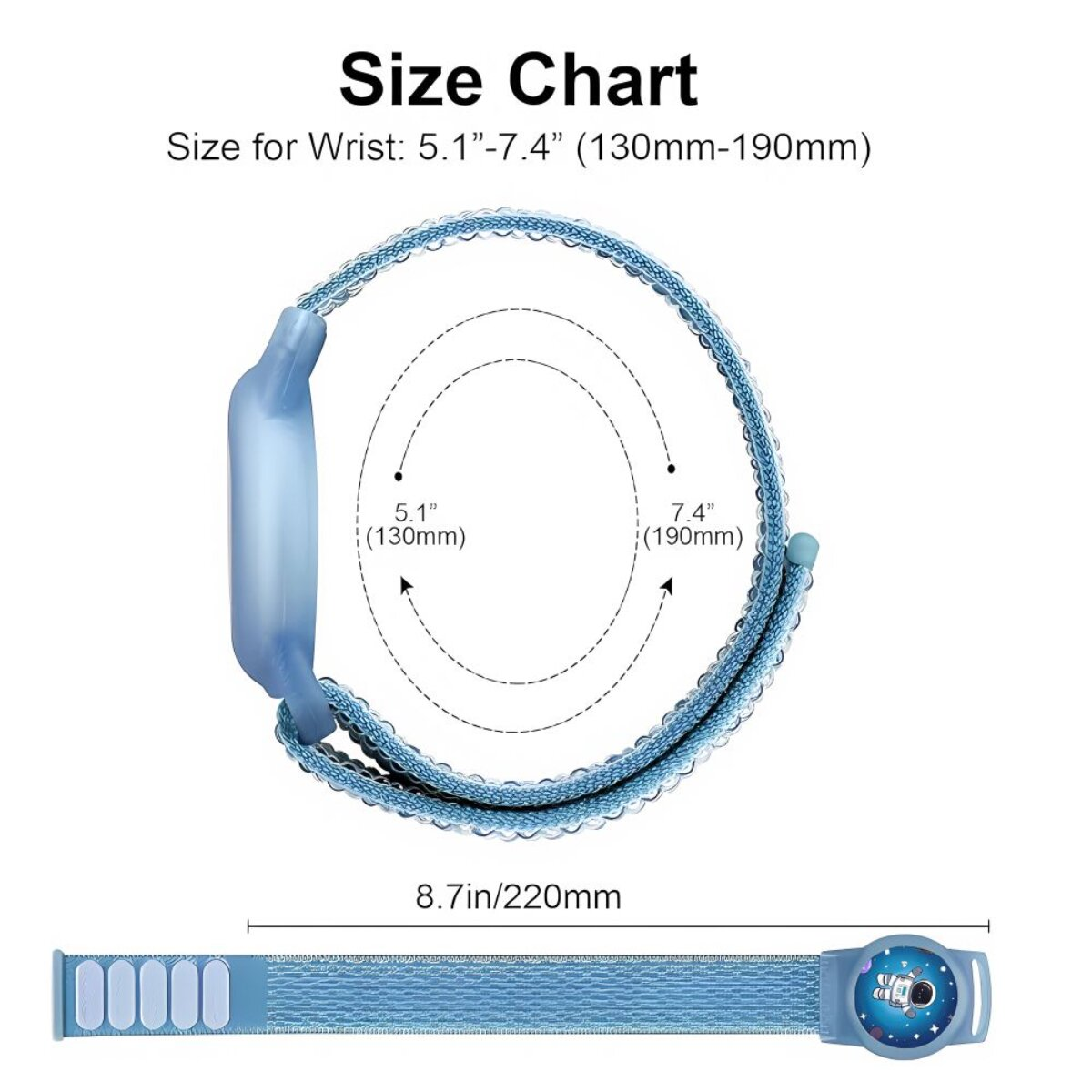 Größentabelle für blaue Uhrenarmbänder, zeigt Handgelenkgrößen von 5,1-7,4 Zoll.