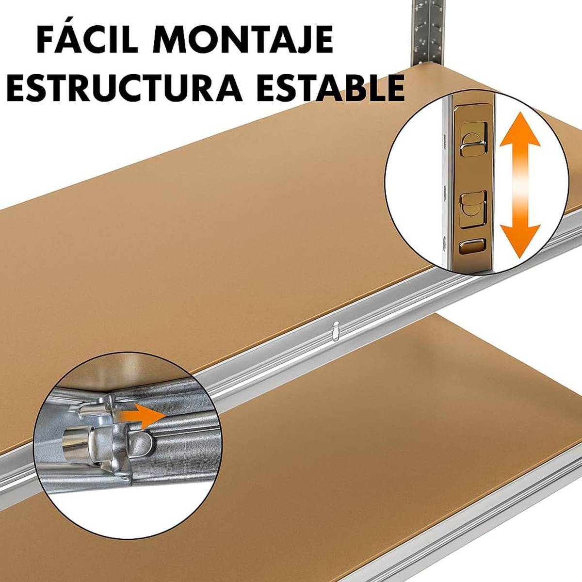 Dos estantes dorados con estructura metálica. Primeros planos muestran elementos de conexión.