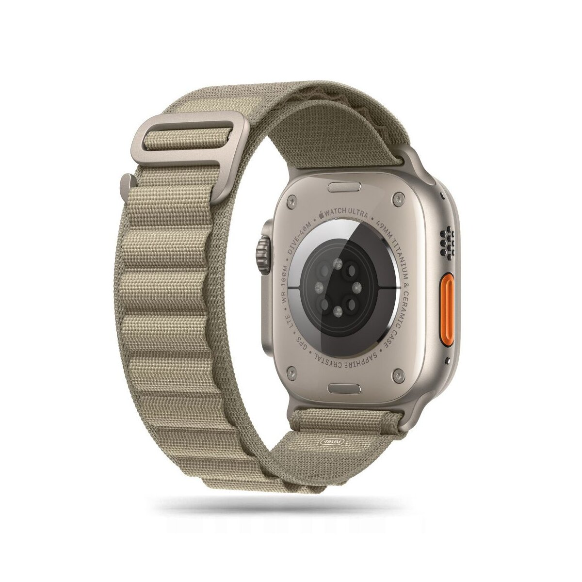 Eine graubraune Apple Watch Ultra mit einem
Stoffarmband liegt auf weißem Hintergrund.