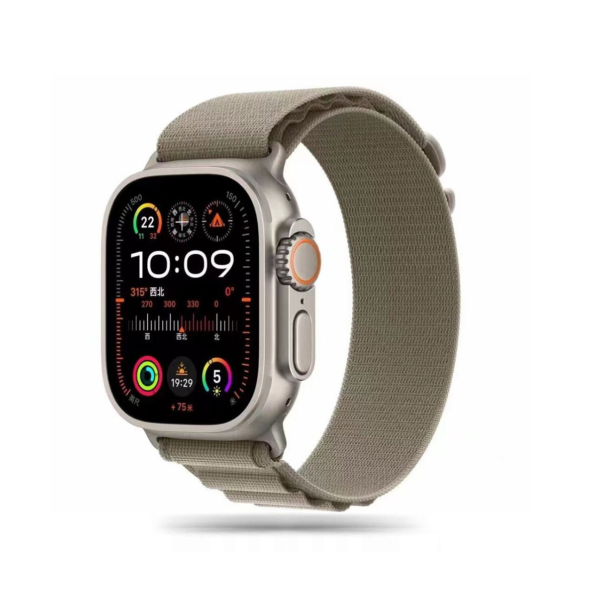 Eine silberne Smartwatch mit grauem Stoffarmband zeigt 10:09 an.