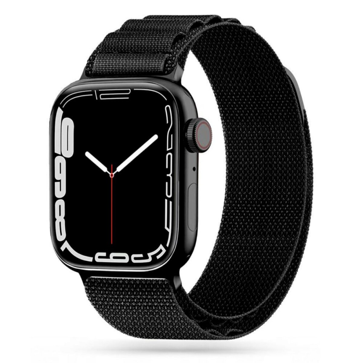 Eine schwarze Smartwatch mit einem schwarzen Stoffarmband und einem digitalen Zifferblatt.