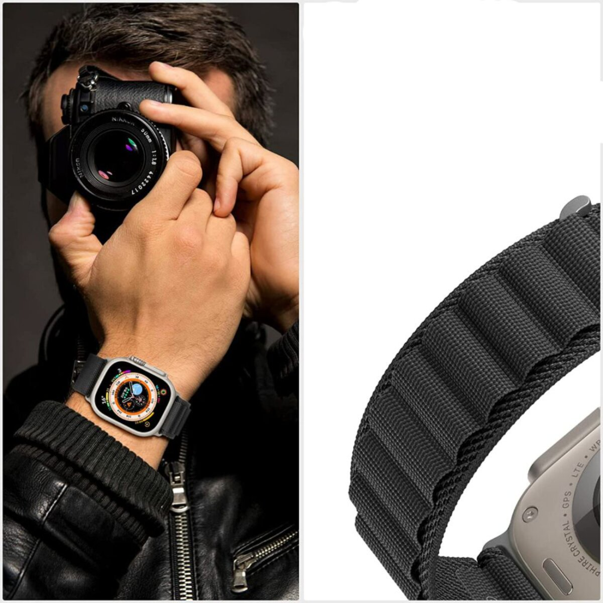 Mann in schwarzer Jacke hält Vintage-Kamera; Nahaufnahme von Uhr & Armband.