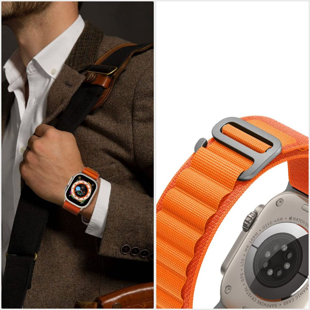 Mann mit braunem Sakko und weißem Hemd, trägt eine Smartwatch mit orangefarbenem Armband.