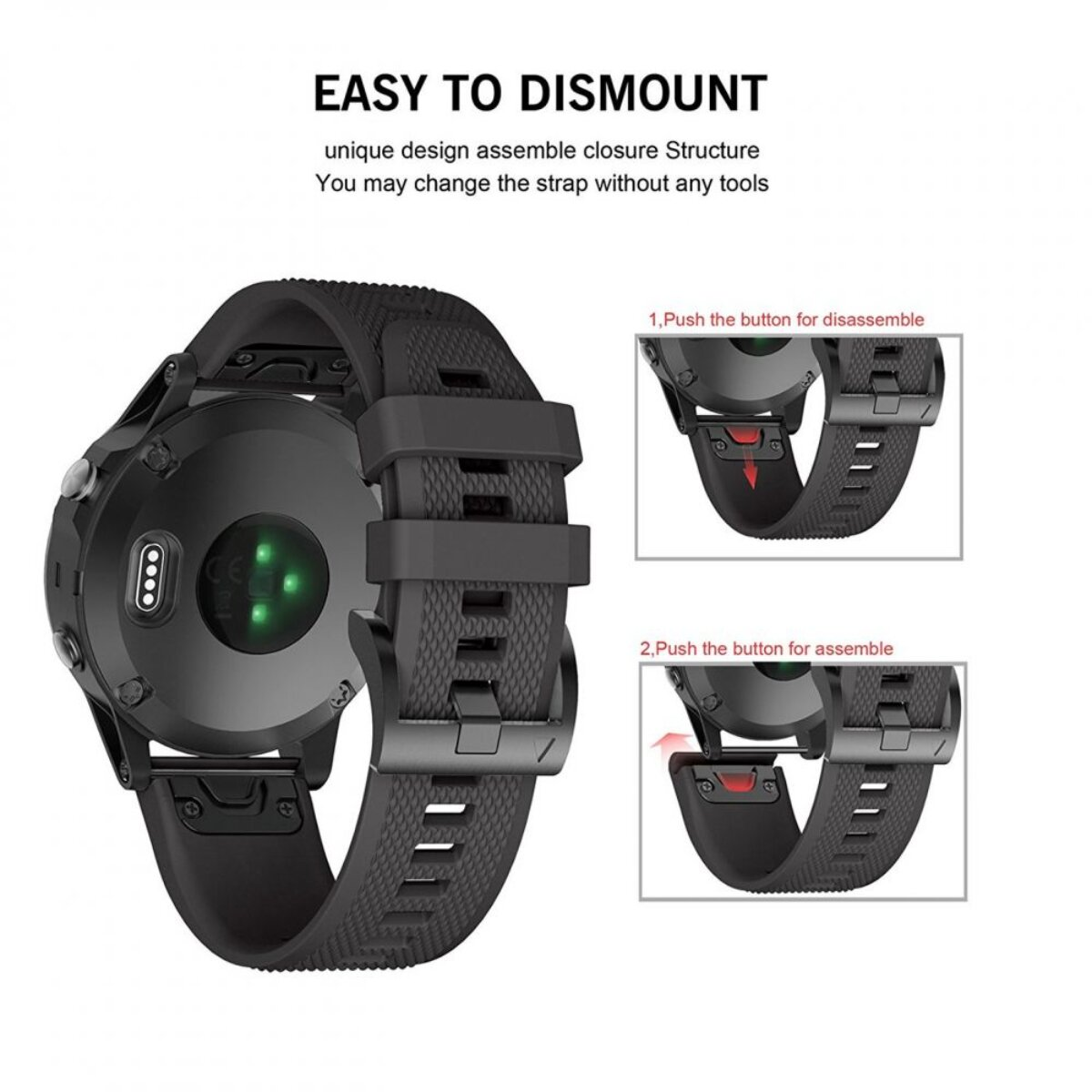 Schwarze Smartwatch mit Anleitung zum Auswechseln des Armbands.