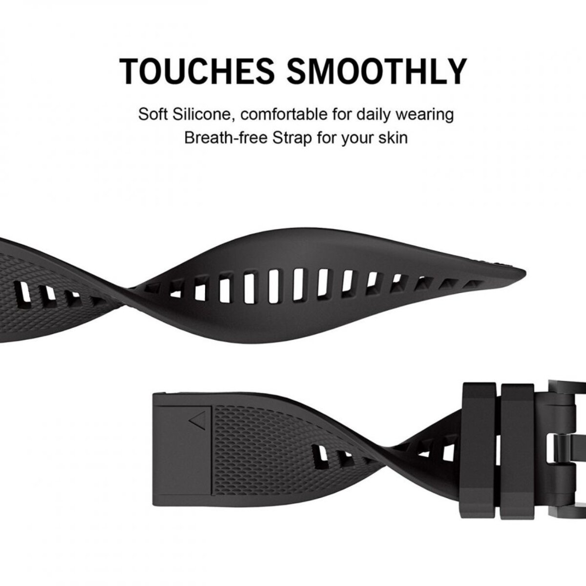 Schwarzes Silikon-Uhrenarmband mit Lüftungslöchern, weich und bequem.