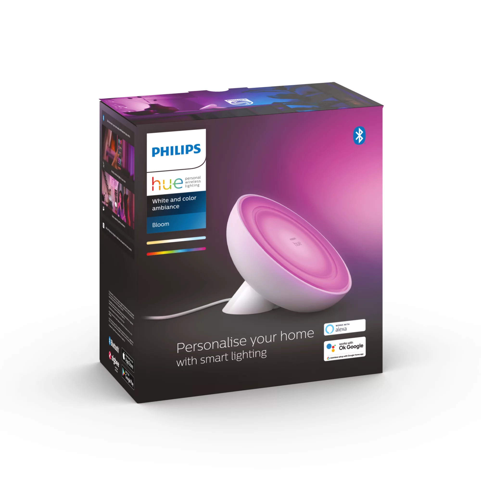 Lampa Philips Hue Bloom na pudełku z gradientem kolorów i logo smart home.