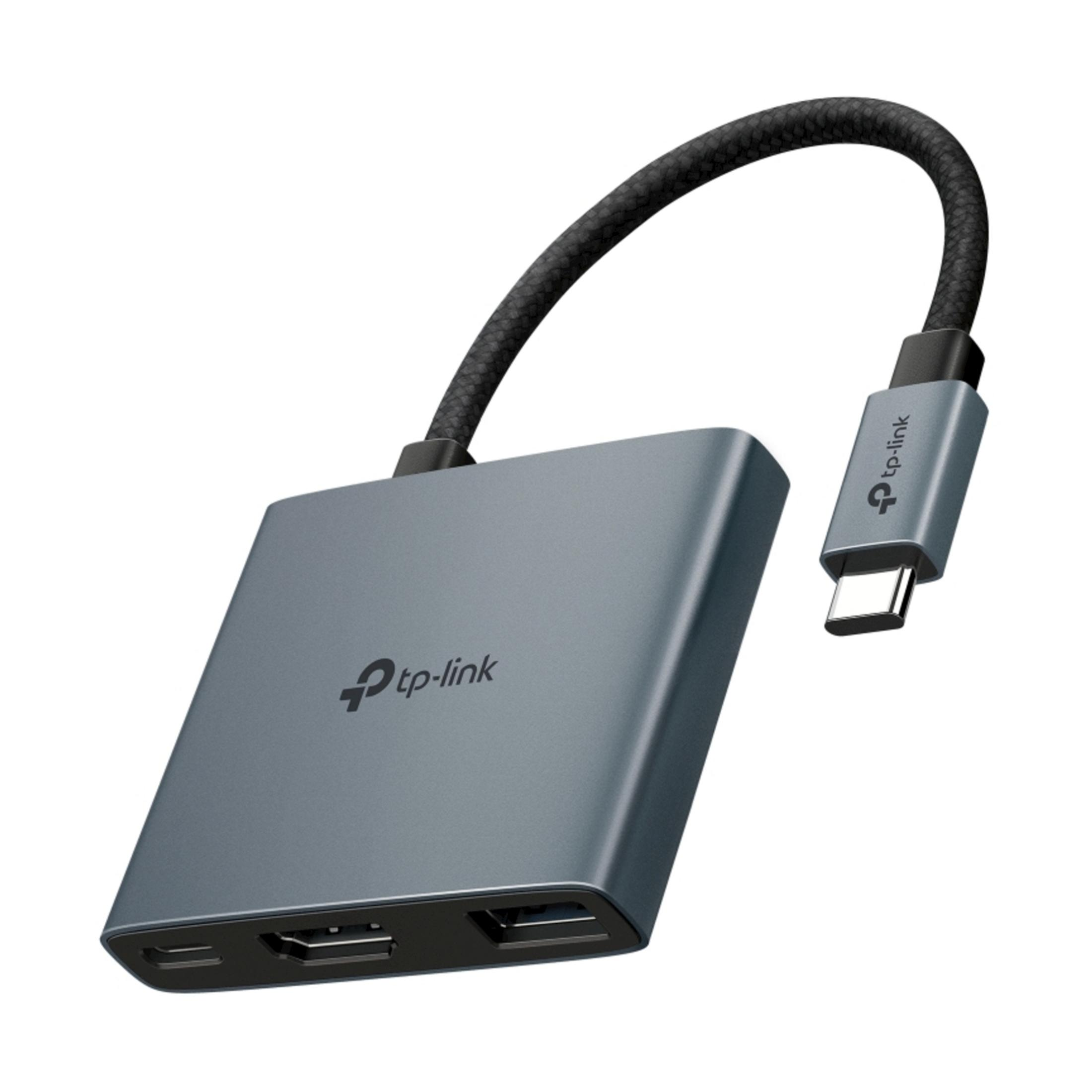Hub USB-C grigio con porte HDMI, USB-A e cavo intrecciato.