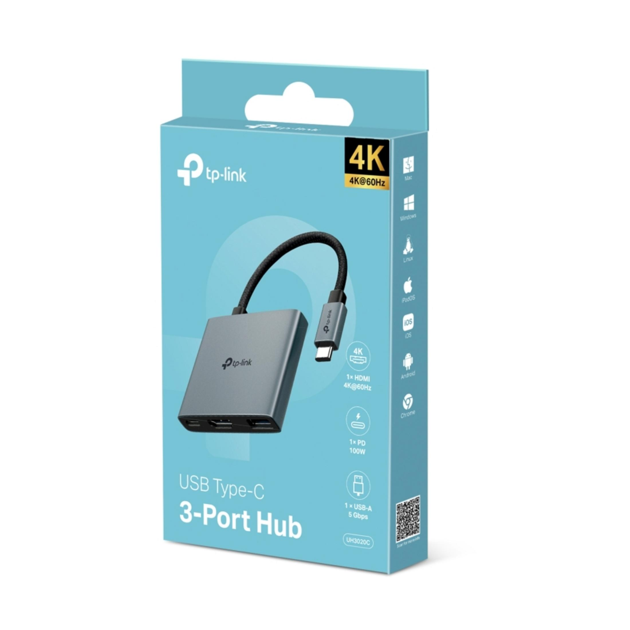 Hub USB-C TP-Link a 3 porte con HDMI, 4K@60Hz, PD 100W, USB-A 5Gbps.