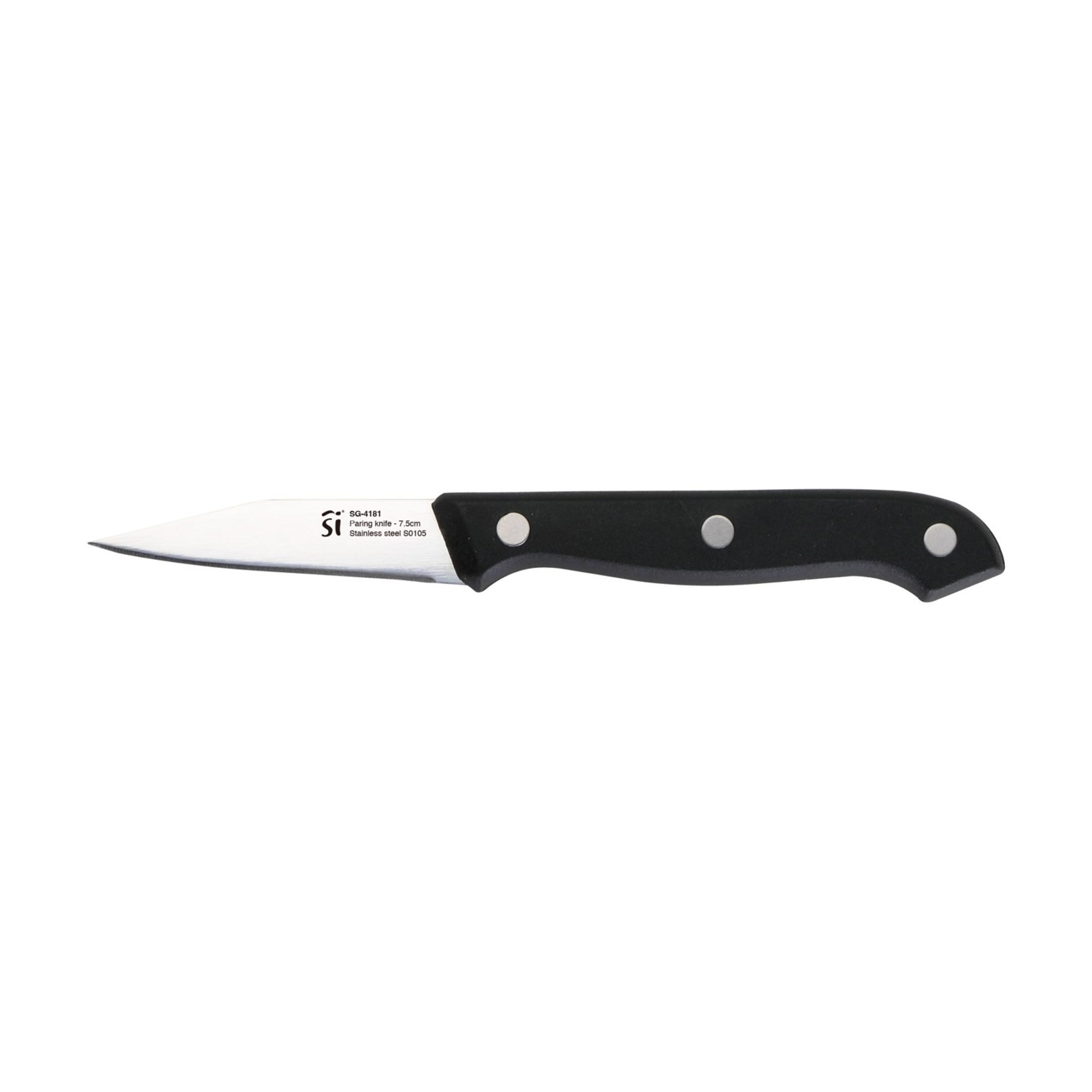 Un cuchillo pequeño y negro con hoja de acero inoxidable y mango.