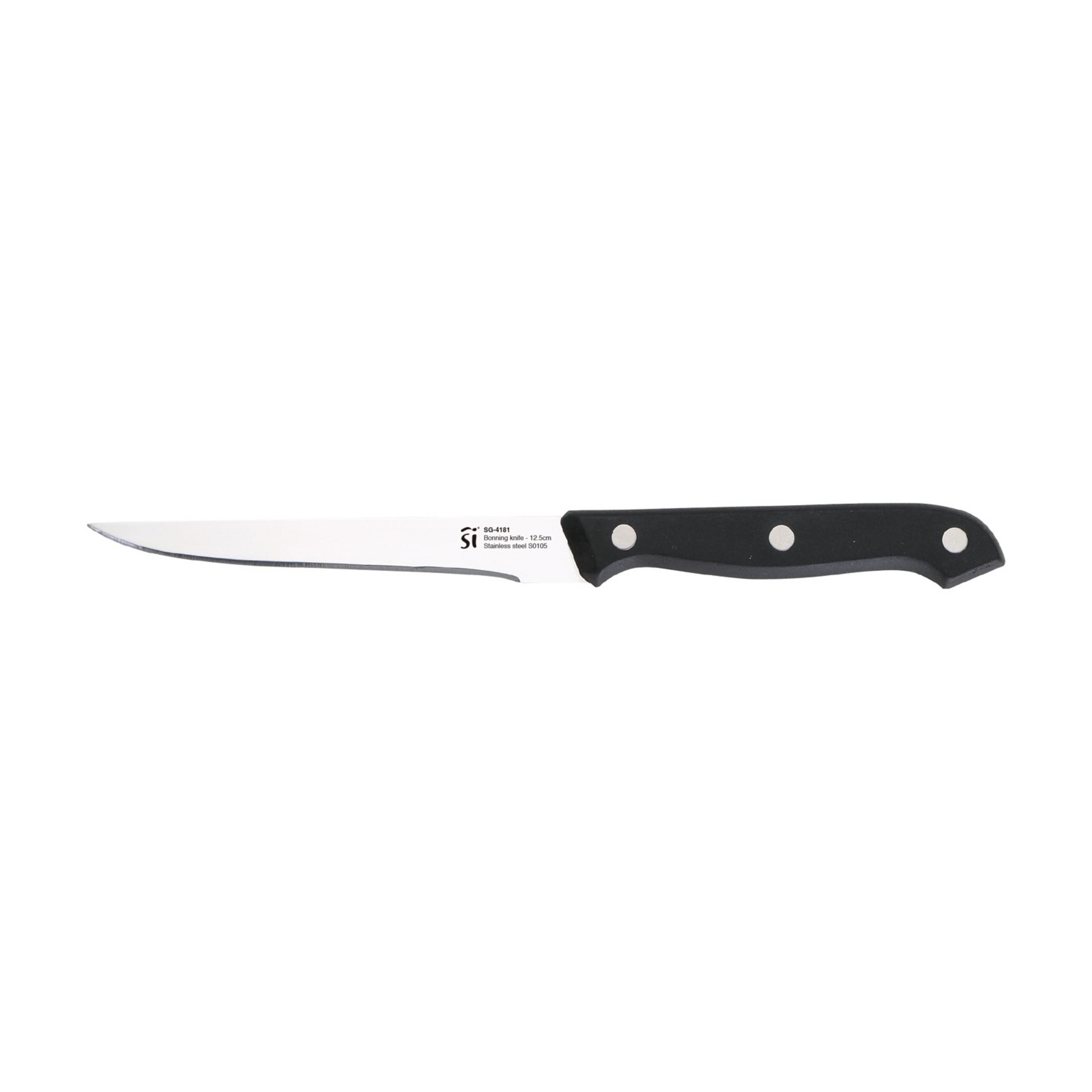 Un cuchillo deshuesador con mango negro y hoja plateada.