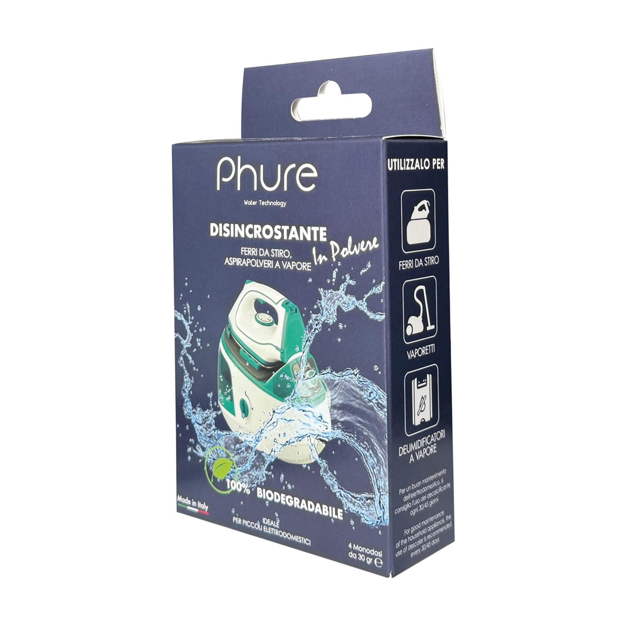 Confezione di polvere anticalcare Phure con ferro e schizzi d'acqua.